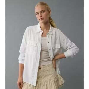 American Eagle Women’s Button Up Shacket Oversized Cream White Denim Size S